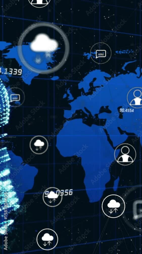 Poster animation of light bulb, cloud icons and data processing over world map