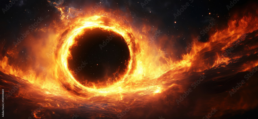 Poster fiery cosmic vortex with swirling flames and dark void in outer space.