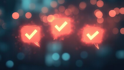 Three glowing orange speech bubbles with checkmarks, set against a bokeh background of teal and orange