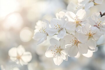Fototapeta premium Soft-focus image of delicate white cherry blossoms in bloom. Sunlight highlights the petals
