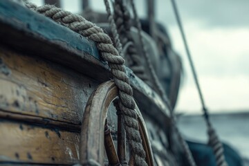 Close-up of weathered wooden ship's hull, ropes, and wheel