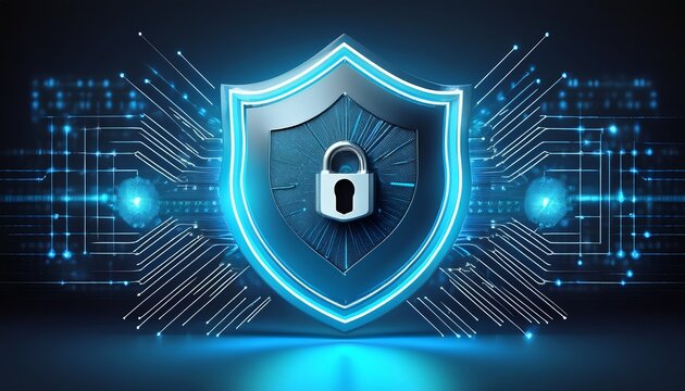 blue shield protecting white padlock symbolizing digital security - Powered by Adobe
