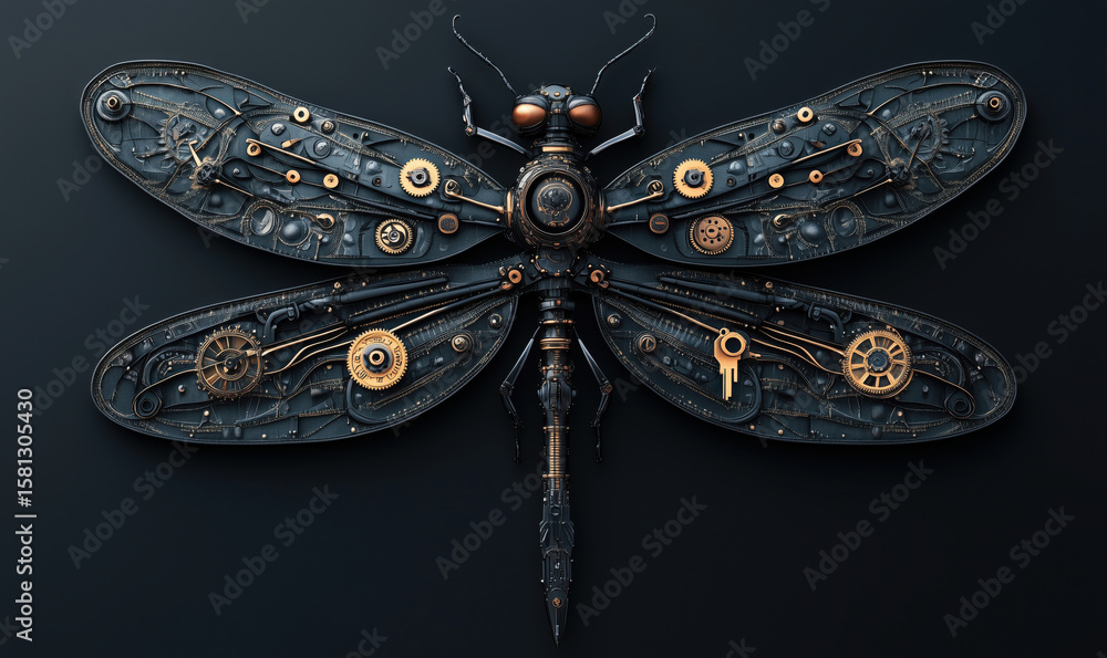 Poster steampunk-inspired mechanical dragonfly with intricate gears and clockwork design.
