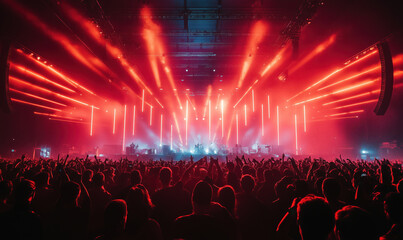 Energetic concert scene with vibrant red lighting and enthusiastic crowd participation.