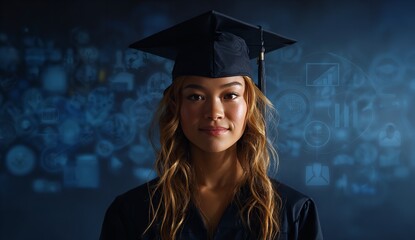College Graduate in Cap and Gown with Blue Gradient Background Featuring Academic Icons of Business and Technology