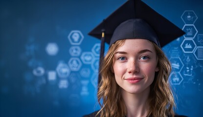 College Graduate in Cap and Gown with Blue Gradient Background Featuring Academic Icons of Business and Technology