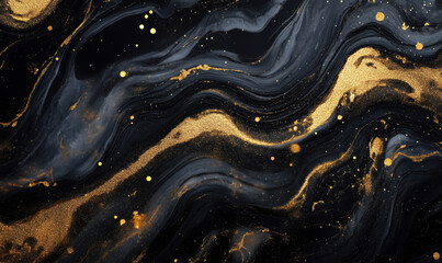 Elegant black and gold abstract background with fluid marble texture and glittering details.