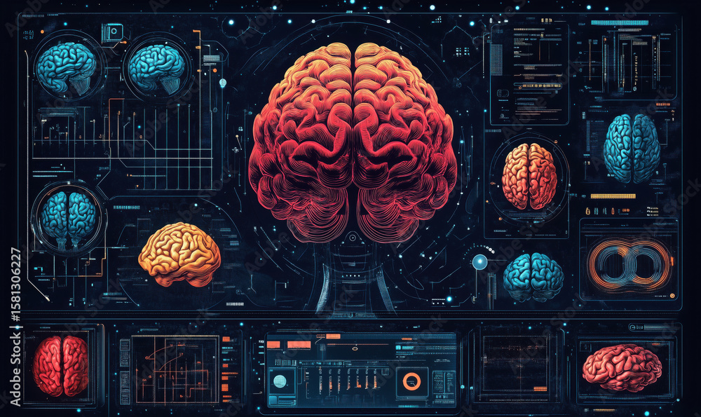 Poster colorful brain illustration with data visualization and neural network analysis.