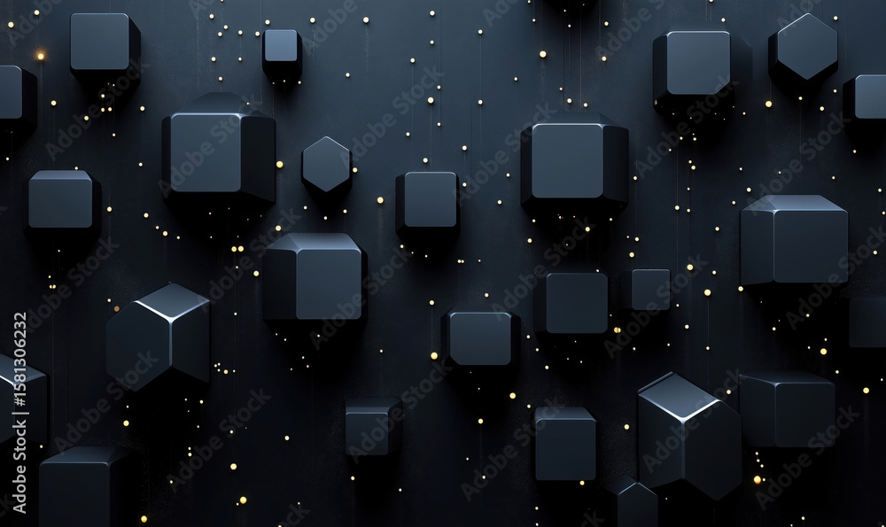 Poster 3d geometric shapes on dark background with glowing elements for modern design.