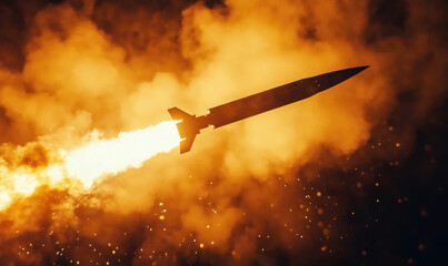 Rocket launch with fiery exhaust against dramatic smoky background.