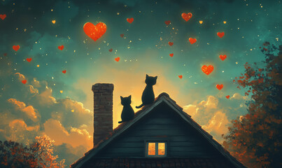 Cats sitting on rooftop under heart-shaped lights in dreamy night sky.