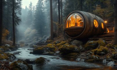 Unique wooden cabin in misty forest by river with glowing windows and natural surroundings.