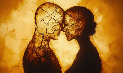 Emotional connection between two cracked figures symbolizing love and vulnerability.
