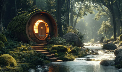 Charming round wooden cabin nestled in lush forest by serene stream.