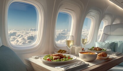 Luxury Airplane Meal on Tray Table with Fresh Salad, Silverware, and Three Closed Windows Overlooking the Sky