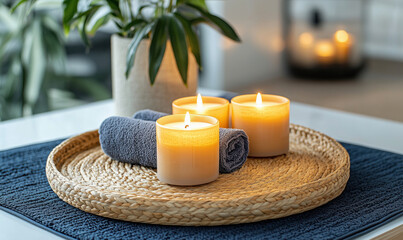 Relaxing spa setup with scented candles and towels on woven tray.