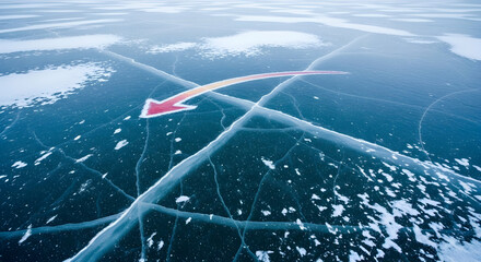 Navigating challenges: arrow indicates the path through the cracked ice symbolizing obstacles and way forward