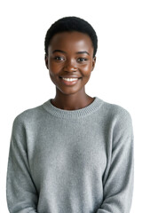 A young Black woman with short, dark hair and a warm smile gazes directly at the camera while wearing a gray sweater against a soft, neutral background.