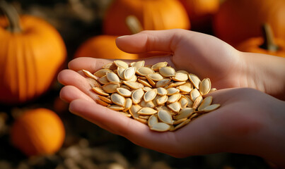 Pumpkin seeds held in hands with pumpkins in background during autumn harvest season.