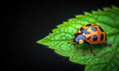 Colorful ladybug on green leaf with dark background showcasing intricate details.