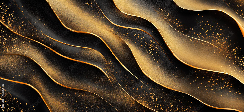 Poster elegant black and gold abstract waves with shimmering textures and patterns.