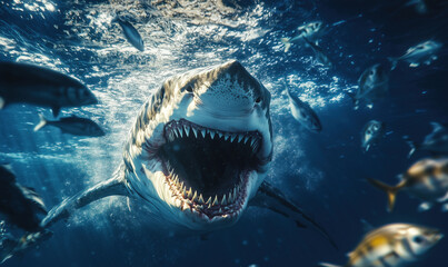 Great white shark swimming with open mouth surrounded by smaller fish.
