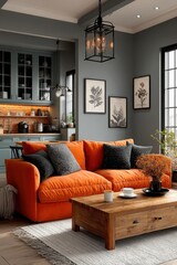 Fototapeta premium Cozy modern living room with orange sofa and stylish kitchen decor