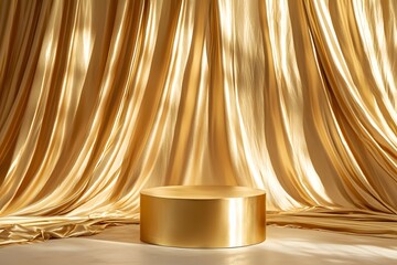 Luxurious Gold Satin Drape Backdrop with Cylinder Podium: Elegant Product Photography Setting