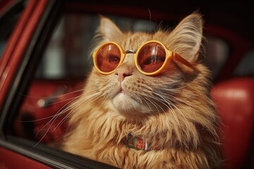 Cool Orange Cat Wearing Sunglasses Sitting in Passenger Seat of Red Car