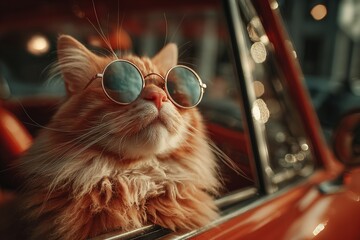 Cool Orange Cat Wearing Sunglasses Sitting in Passenger Seat of Red Car