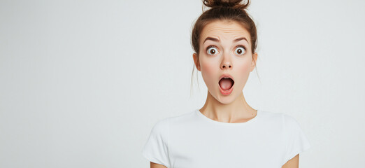 Surprised young woman with open mouth and wide eyes expressing shock or amazement.
