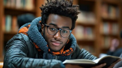 Young man reading a book in a cozy library setting, eye contact. - Powered by Adobe
