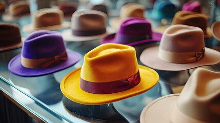 Display of colorful hats.  A variety of  fedora style hats in different colors displayed on a glass counter
