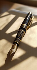 Elegant Gold-Trimmed Fountain Pen Resting on Classic Beige Paper with Soft Light and Shadow Stripes