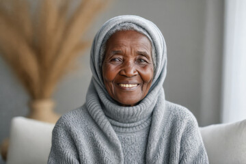 A smiling senior African-American woman wearing a gray hijab and sweater looks directly at the camera, exuding warmth and confidence.