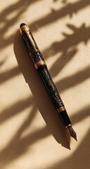 Elegant Gold-Trimmed Fountain Pen Resting on Classic Beige Paper with Soft Light and Shadow Stripes