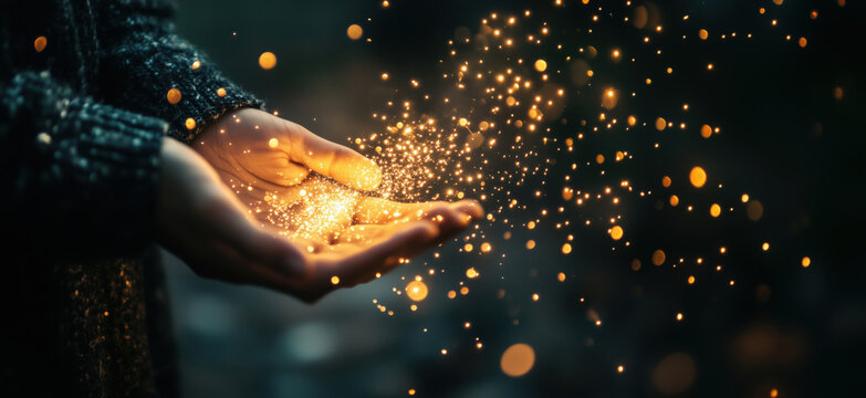 hands releasing magical golden sparkles in a dark environment.