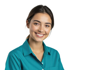 A young woman with long brown hair smiles warmly at the camera, wearing a teal shirt against a soft gray background.