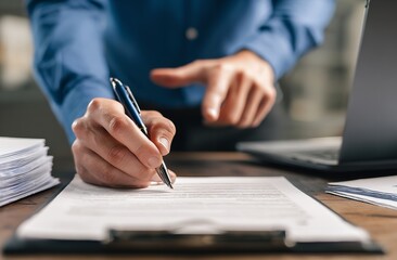 Businessman Preparing to Sign Document with Pen Over Clipboard in Contemporary Office Setting