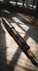 Elegant Gold-Trimmed Fountain Pen Resting on Classic Beige Paper with Soft Light and Shadow Stripes