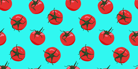 Hand drawn tomatoes with stem seamless pattern vector illustration. Scattered ripe vegetables drawing repeated ornament. Design for textile, fabric, background, packaging.