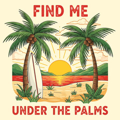 A tropical getaway vibe with palm trees, a surfboard, and a sun-kissed beach, perfect for coastal themes and summer design projects needing that laid-back, island aesthetic.