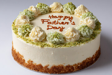 Two Layered Round Fathers Day Cake Decorated with Vanilla and Pistachio Green Buttercream Swirls and Pistachio Crumble