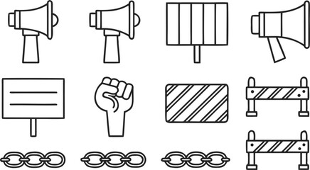 Fototapeta premium Collection of Black and White Line Art Icons Depicting Protest Symbols including Megaphones Signs Fists and Barriers