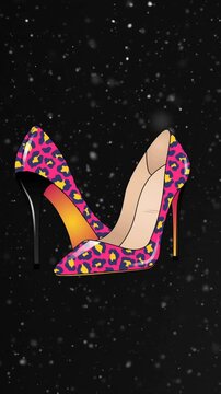 Animation of women's pink, leopard print high heeled shoes on starry night sky