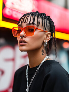 A dynamic, street-style shot of a person with multiple facial piercings, including bridge, septum, and labret piercings. The urban backdrop features graffiti 