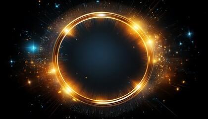 glowing round frame with sparkles and light rays on black background