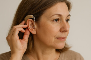 Mature woman adjusting hearing aid for better sound quality