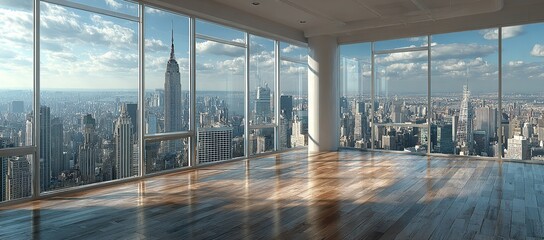 Empty Modern Office Interior with Floor-to-Ceiling Windows and Panoramic View of New York City Skyline