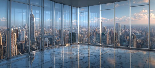 Empty Modern Office Interior with Floor-to-Ceiling Windows and Panoramic View of New York City Skyline